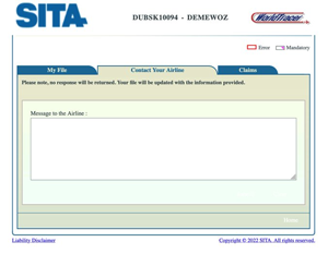 A form published by the baggage handling business SITA. At a glance, the form looks reasonable: there is one big box in a tab called 'Contact your airline' which looks like a space to type in a description of the problem. Looking closer reveals that there is no button or any other method to send the form.