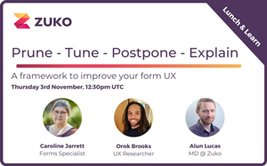 Advertisement for a 'lunch and learn' webinar on forms optimisation with Caroline Jarrett, Orok Brooks, and Alun Lucas