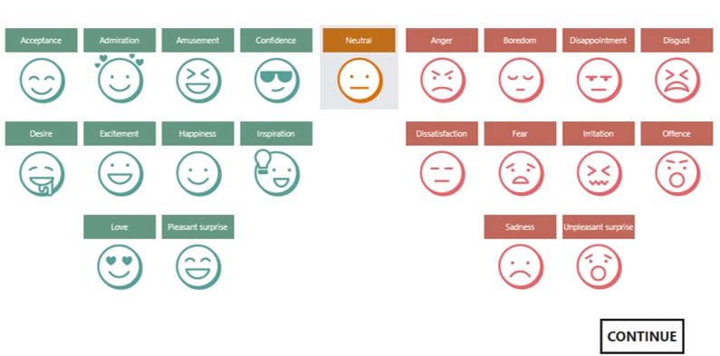 Screenshot of a survey asking rail passengers to choose from a range of emoticons expressing both positive and negative emotions