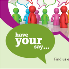 Logo of the Central Bedfordshire Local Government Consulations website. It ways 'have your say' in a big speech bubble with red, green, and blue stylised images of people in the background