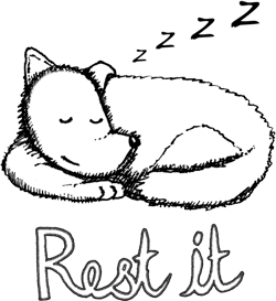A curled-up dog is sleeping above the text 'Rest it'