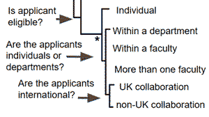 A section of a phylogenetic tree adapted to a complex grant application. The pivot questions in this section are &quot;Is applicant eligible&quot;, &quot;Are the applicants international?&quot; leading to different sets of questions