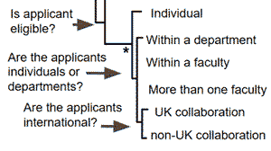 A section of a phylogenetic tree adapted to a complex grant application. The pivot questions in this section are "Is applicant eligible", "Are the applicants international?" leading to different sets of questions