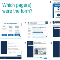 Part of a workshop slide. Starts with the question "Which page(s) were the form" and continues with a selection of screenshots from Washington DMV
