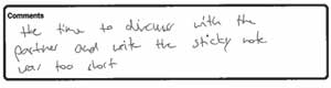 section from a conference feedback form, with comment "The time to discuss with the partner and write the sticky note was too short"