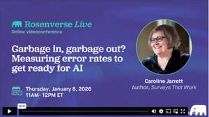 Advertisement for Rosenverse Live webinar featuring Caroline Jarrett